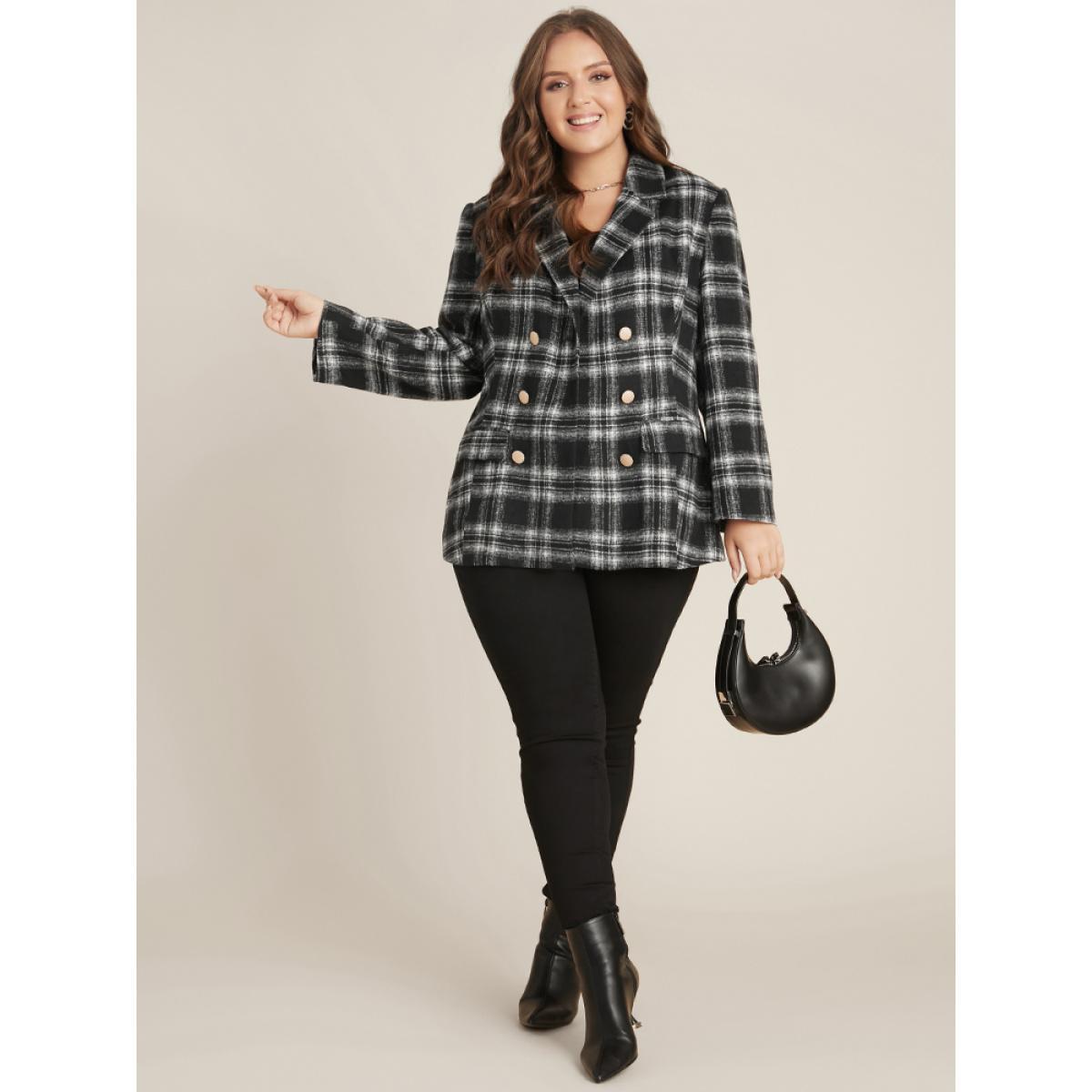 Plus Size Plaid Flap Pocket Button Up Suit Collar Blazer Black Women Dailywear Plaid Button Sleeve Long Sleeve Suit Collar 14-16/1X Pocket Casual Blazers BloomChic Product Image