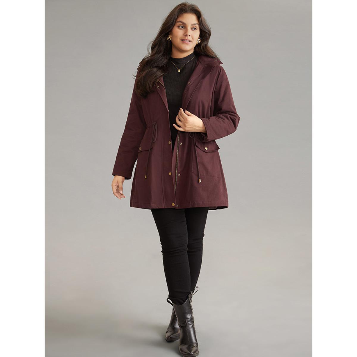 Plus Size Solid Zipper Drawstring Knot Flap Detail Coat Women Burgundy Casual Lined Ladies Dailywear Winter Coats BloomChic 10/M Product Image