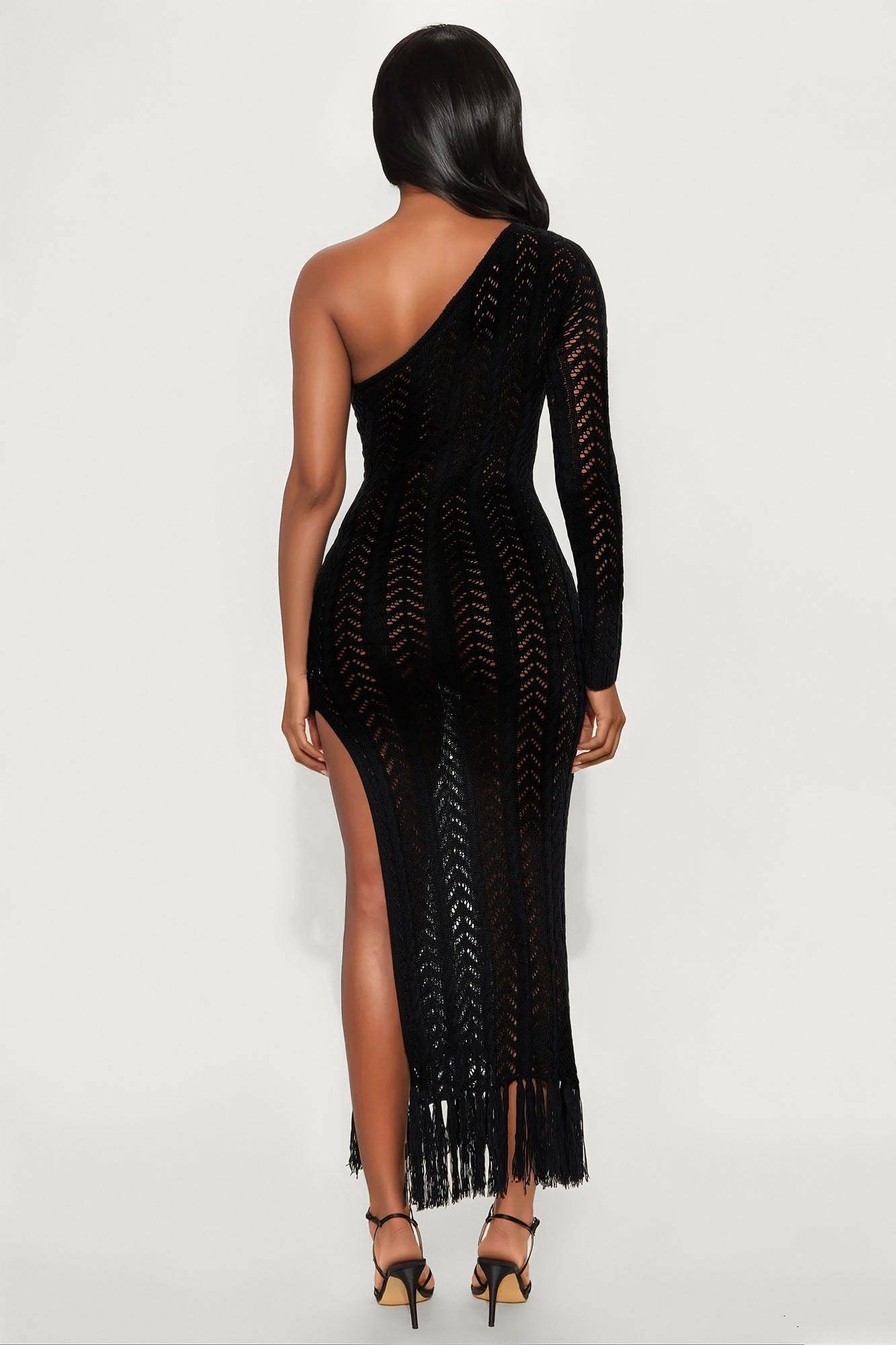 Rayna Crochet One Shoulder Maxi Dress - Black Product Image