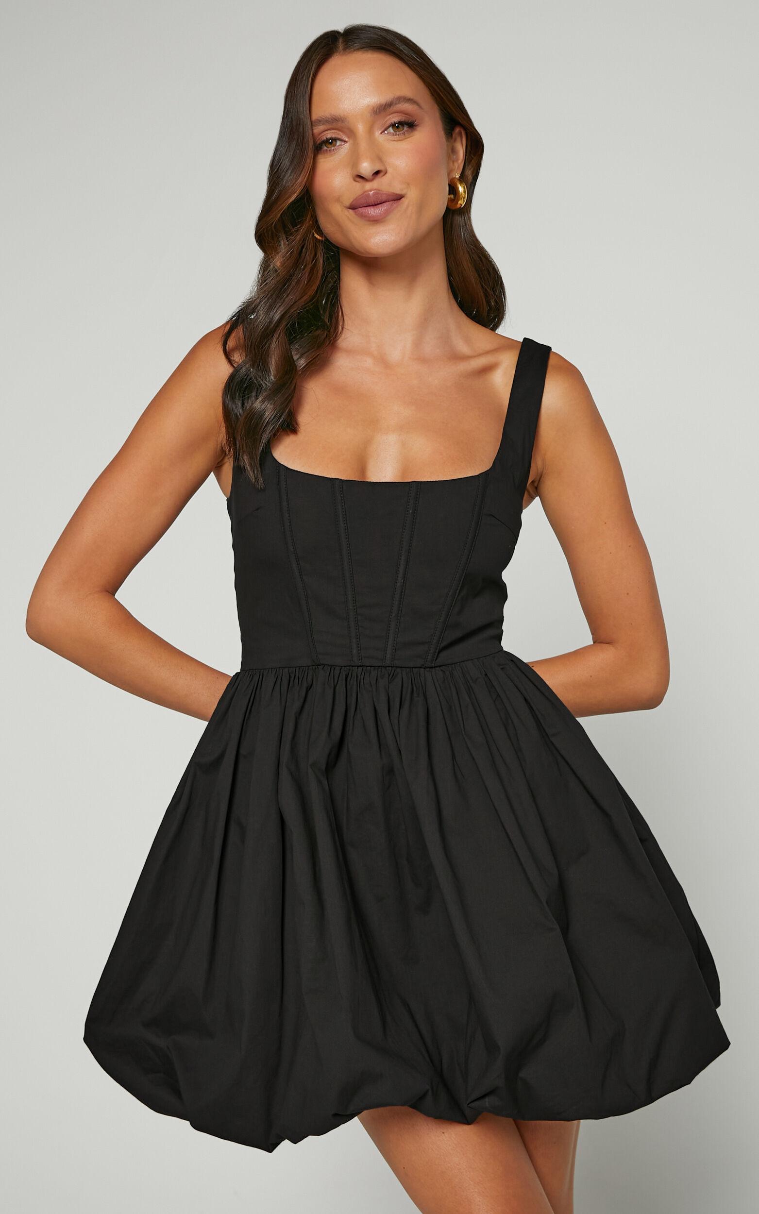 Brianda Mini Dress - Corset Bodice Bubble Hem Dress in Black Product Image