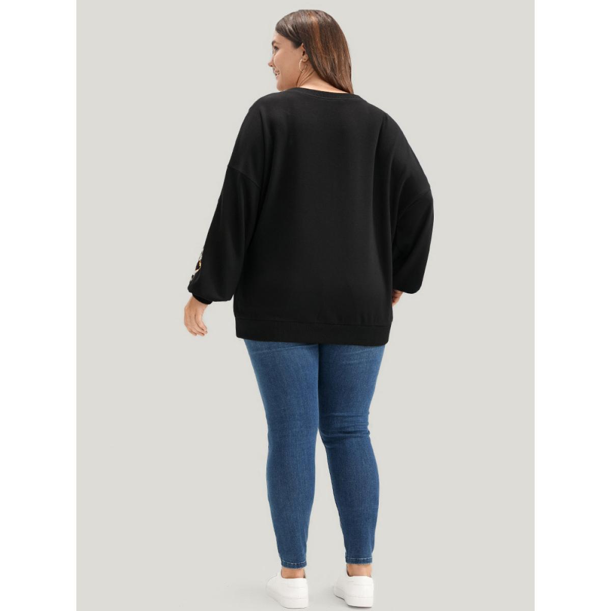 Plus Size Leopard Patchwork Contrast Lantern Sleeve Sweatshirt Women Black Casual Contrast Round Neck Dailywear Sweatshirts BloomChic 22-24/3X Product Image