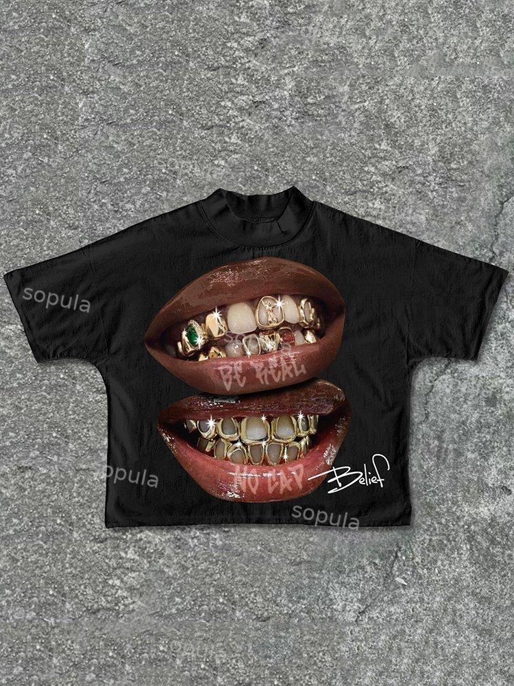 Sopula Street Style Yellow Gemstone Braces Lip Graphic Cropped T-Shirts Product Image