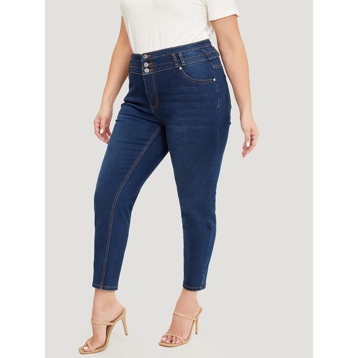 Plus Size Very Stretchy High Rise Dark Wash Layered Contrast Stitch Jeans Women DarkBlue Casual Plain Button High stretch Pocket Jeans BloomChic 30/6X Product Image