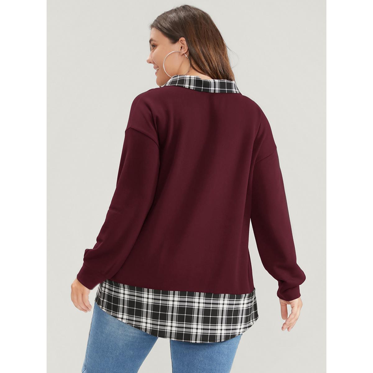 Plus Size Plaid Print Drop Shoulder 2-In-1 Sweatshirt Women Burgundy Casual Lapel Collar Dailywear Sweatshirts BloomChic 18-20/2X Product Image