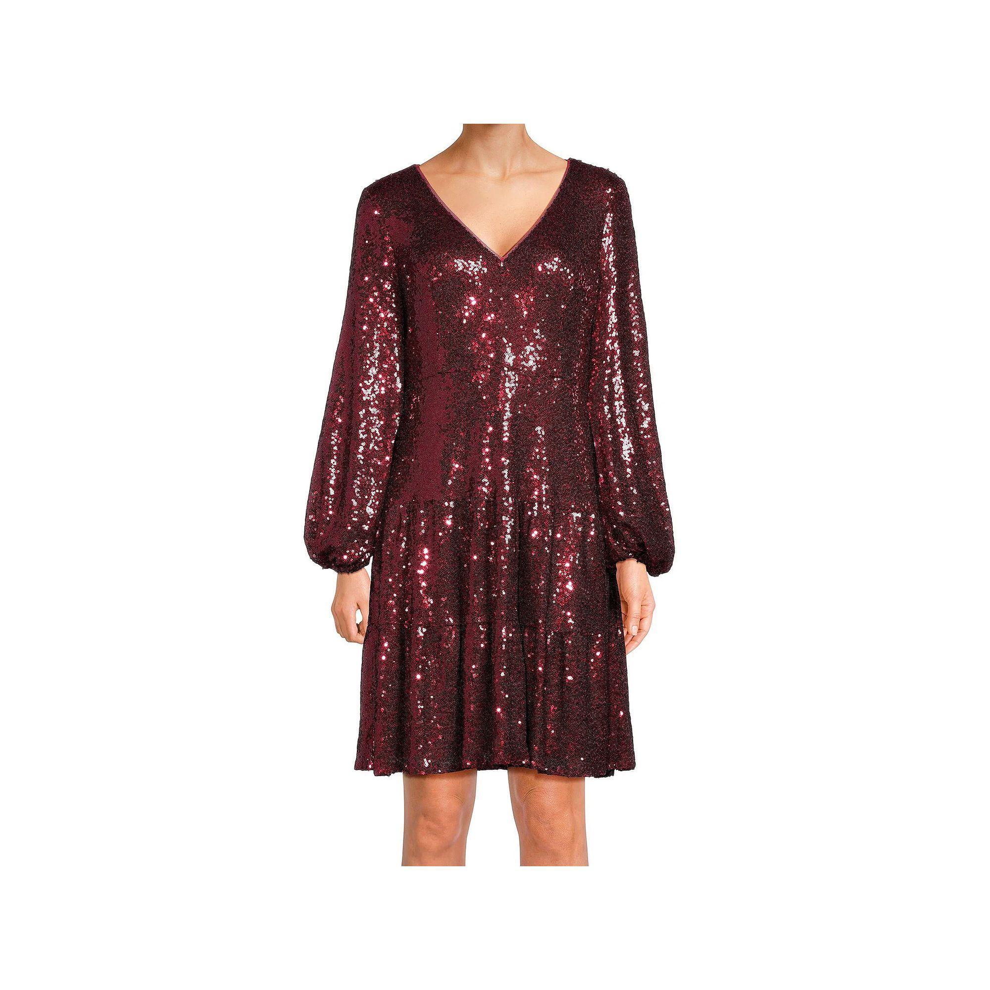 Women's Focus By Shani Fit & Flare V-Neck Sequin Dress, Size: 4, Red Product Image