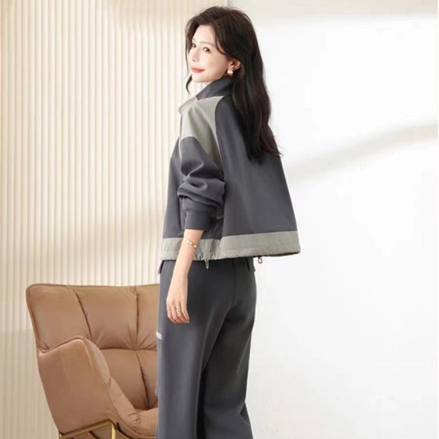 Set: Two Tone Zip-Up Jacket + High Rise Wide Leg Pants Product Image