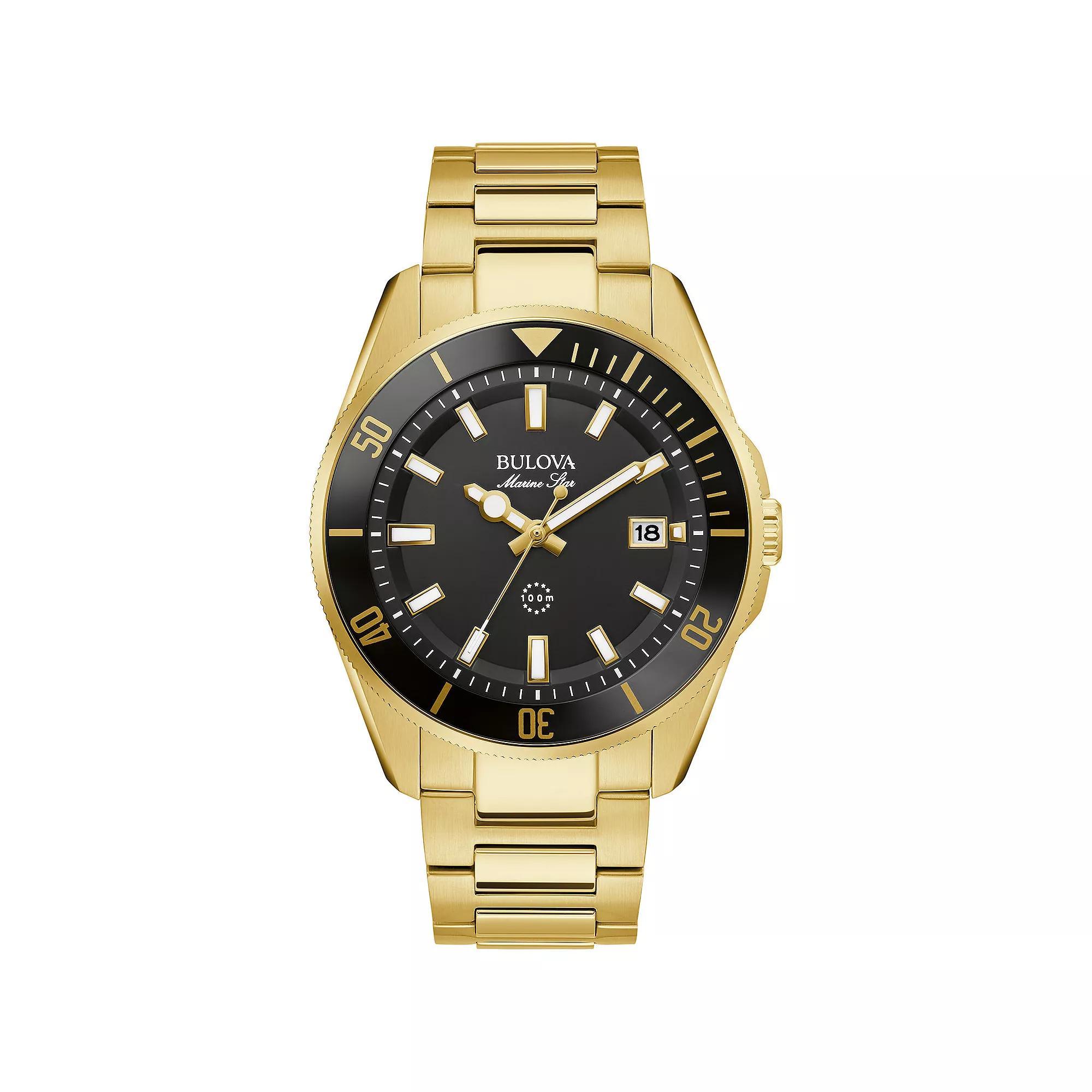 Bulova Mens Marine Star Gold Tone Stainless Steel Black Dial Bracelet Watch - 98B396 Product Image