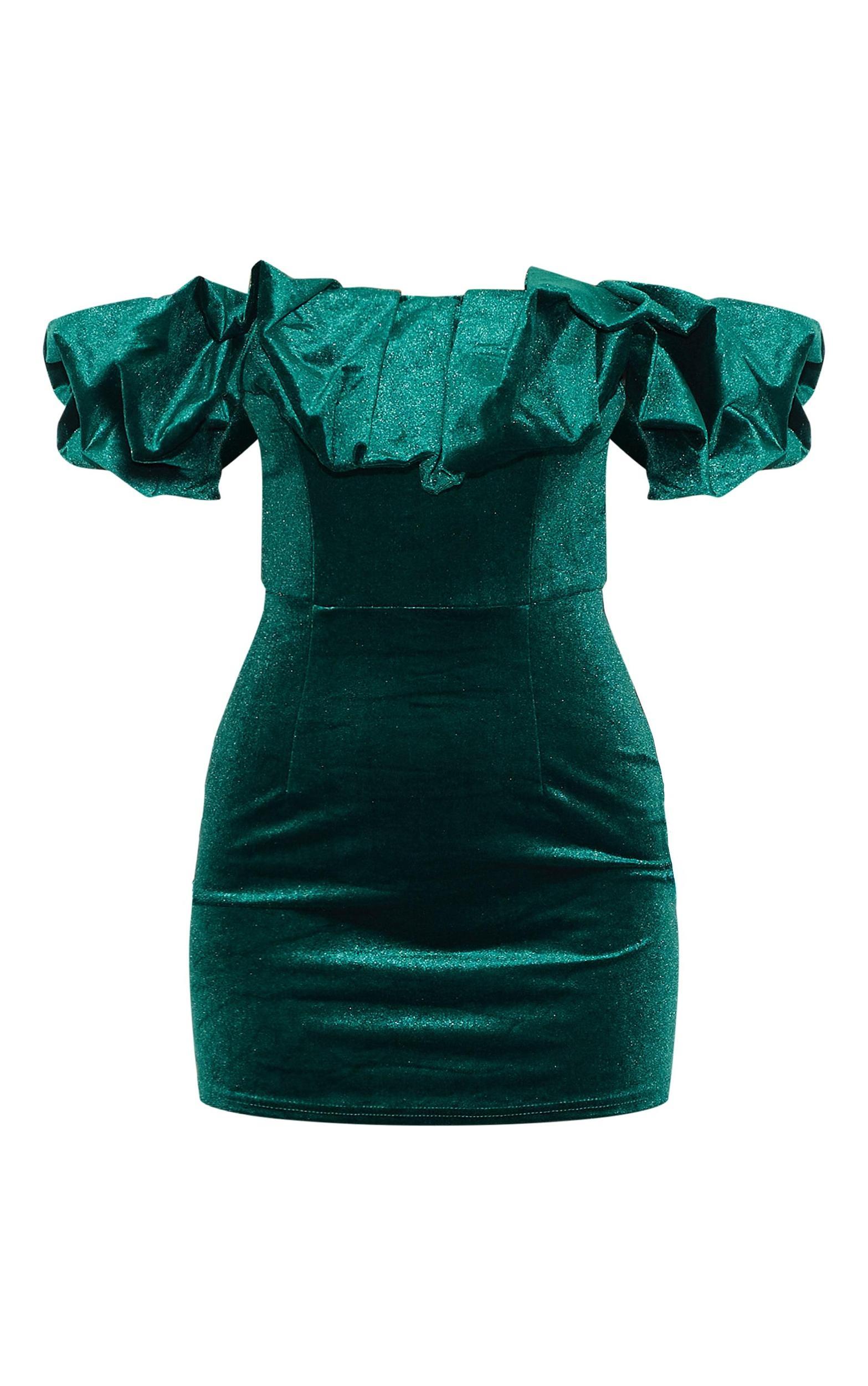 Emerald Green Velvet Bardot Ruffle Bodycon Dress Product Image