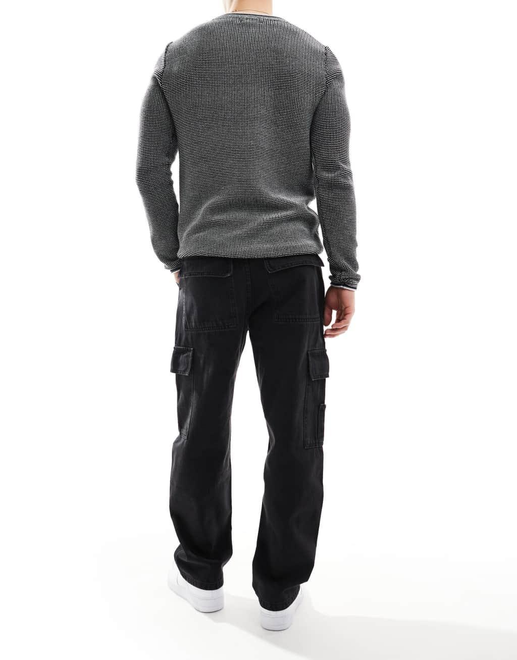 Pull&Bear straight fit contrast stitch cargo jeans in black Product Image