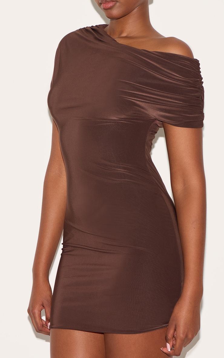 Chocolate Slinky Off The Shoulder Ruched Mini Dress Product Image