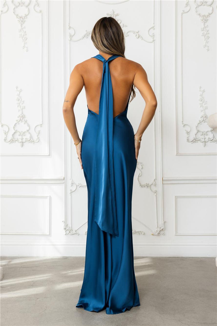 Nightfall Noir Halter Satin Maxi Dress Teal Product Image