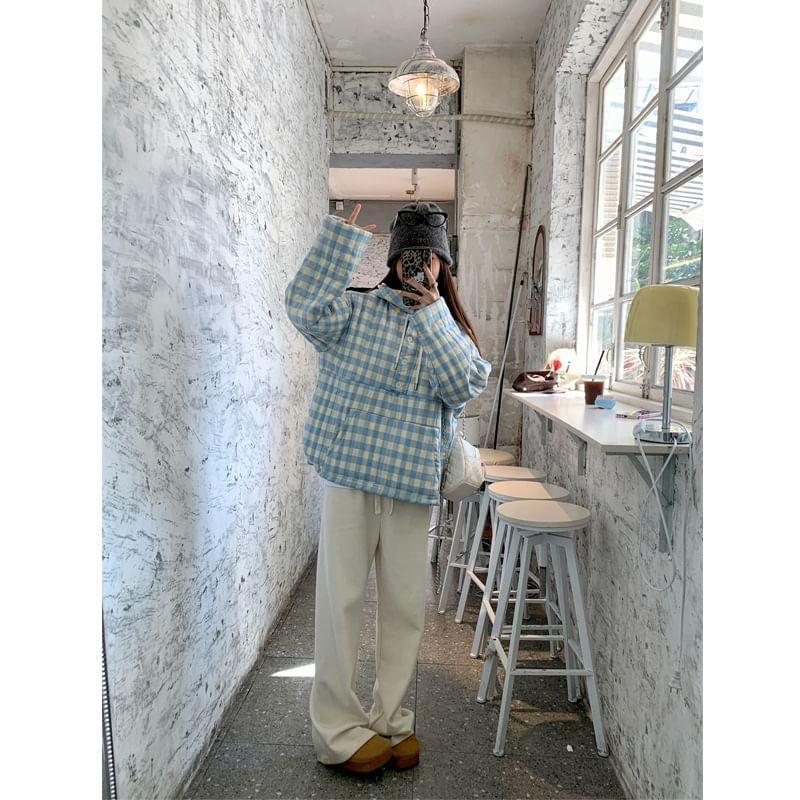Gingham Drawstring Half-Buttoned Hoodie Product Image