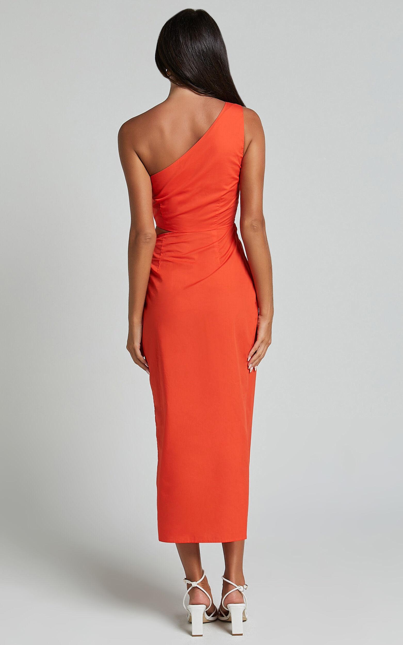 Rina Midi Dress - One Shoulder Side Cut Out Wrap Dress in Orange Product Image