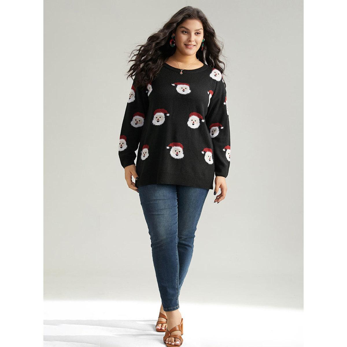 Plus Size Jolly Fellow Motifs Round Neck Pullover Black Women Casual Long Sleeve Round Neck Festival-Christmas Pullovers BloomChic 18-20/2X Product Image