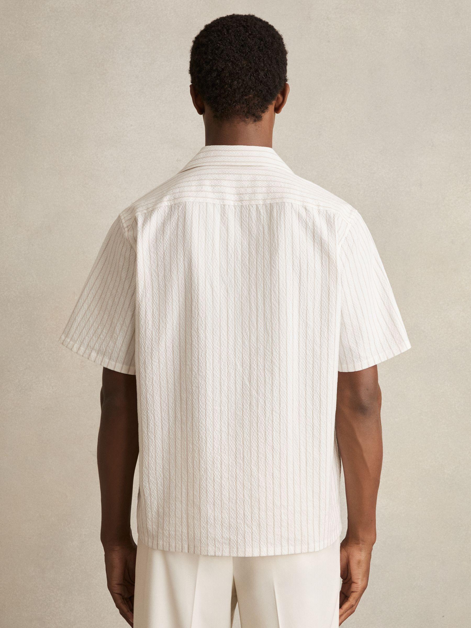 Cotton-Blend Seersucker Stripe Shirt in White/Taupe Brown Product Image