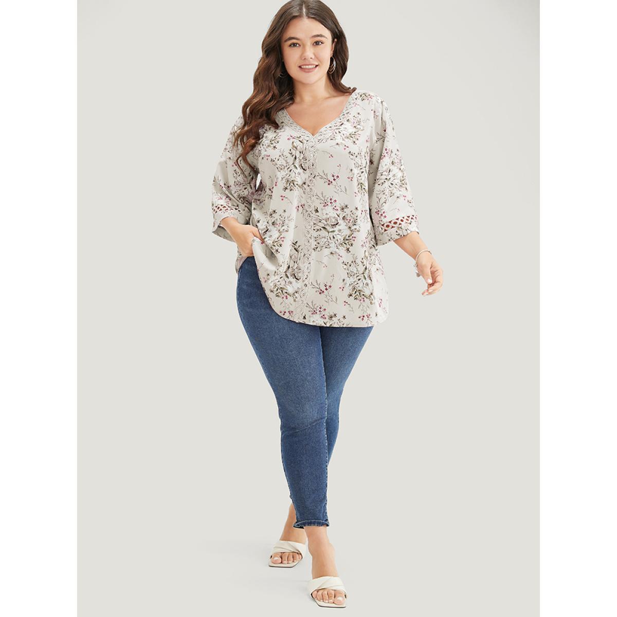 Plus Size Apricot Floral Flounce Sleeve Crochet Lace Blouse Women Elegant Elbow-length sleeve V-neck Dailywear Blouses BloomChic 10/M Product Image