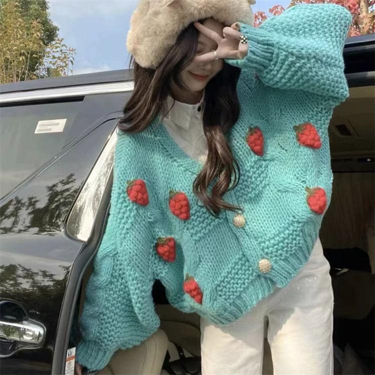 Strawberry Embroidered Button-Up Cardigan Product Image