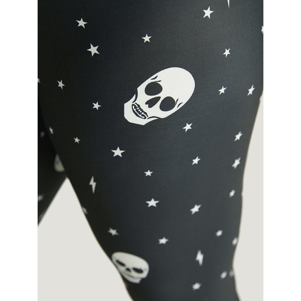 Plus Size Halloween Skull & Star Print Elastic Waist Leggings Women Black Elegant High stretch Skinny High Rise Festival-Halloween Leggings BloomChic 26/4X Product Image