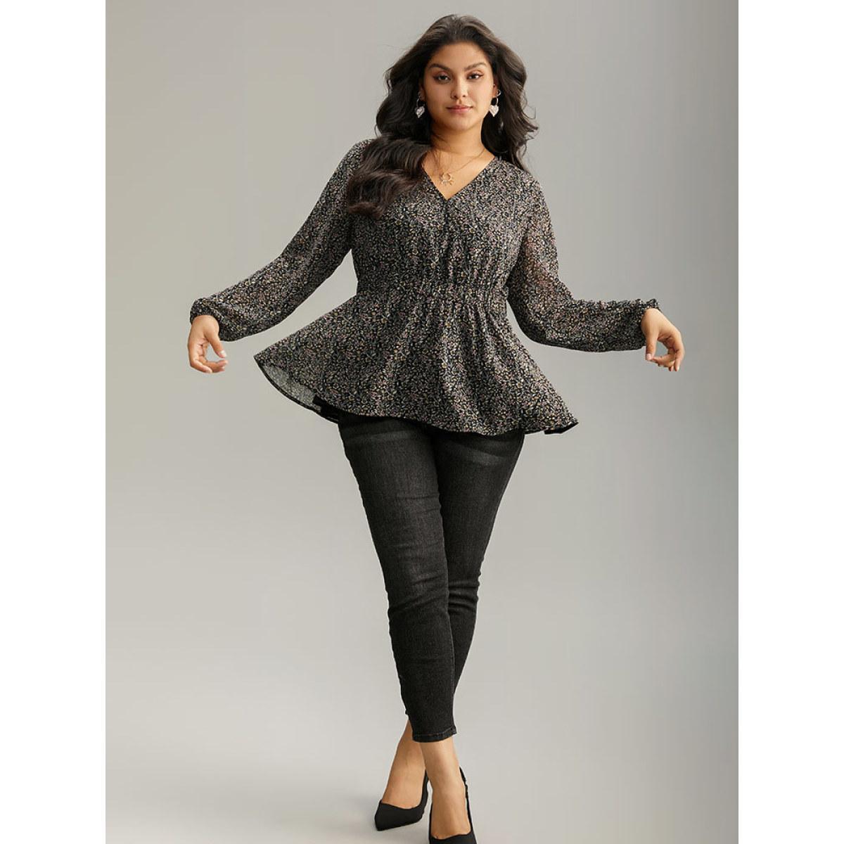 Plus Size Black Ditsy Floral Shirred Lantern Sleeve Blouse Women Elegant Long Sleeve V-neck Everyday Blouses BloomChic 10/M Product Image