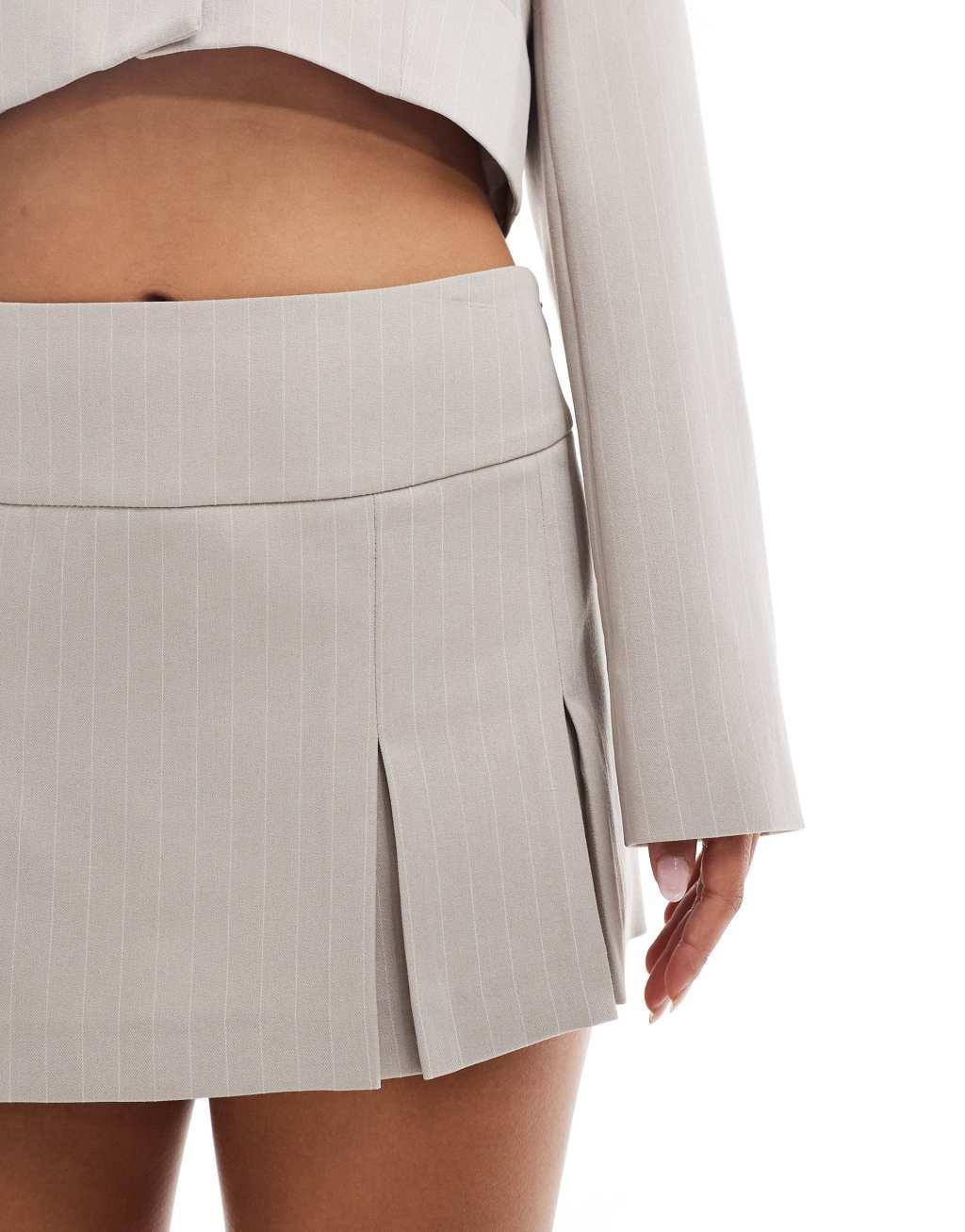 Miss Selfridge tailored mini pleated skort in stone pinstripe Product Image