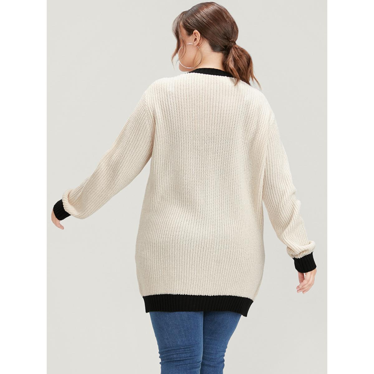 Plus Size Contrast Trim Pointelle Knit Pocket Button Front Cardigan Beige Women Elegant Loose Long Sleeve Dailywear Cardigans BloomChic 30/6X Product Image