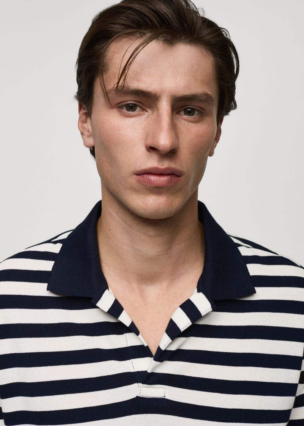 Regular-fit striped piqué cotton polo shirt - Men | MANGO USA Product Image