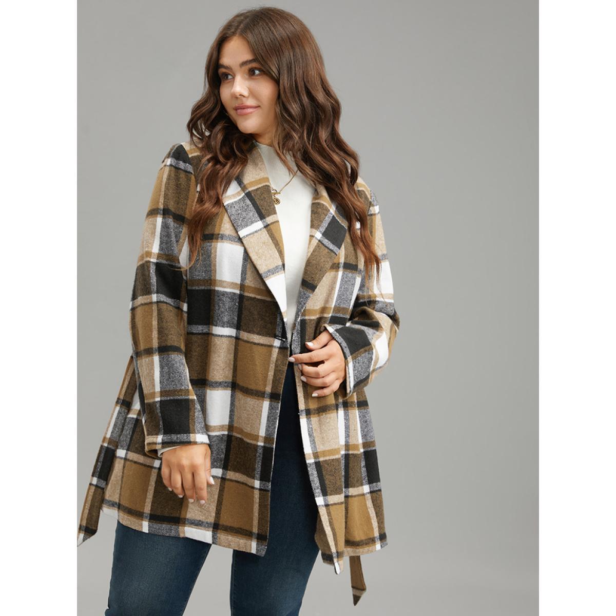 Plus Size Plaid Contrast Belted Lapel Collar Coat Women Tan Casual Belted Ladies Dailywear Winter Coats BloomChic 10/M Product Image