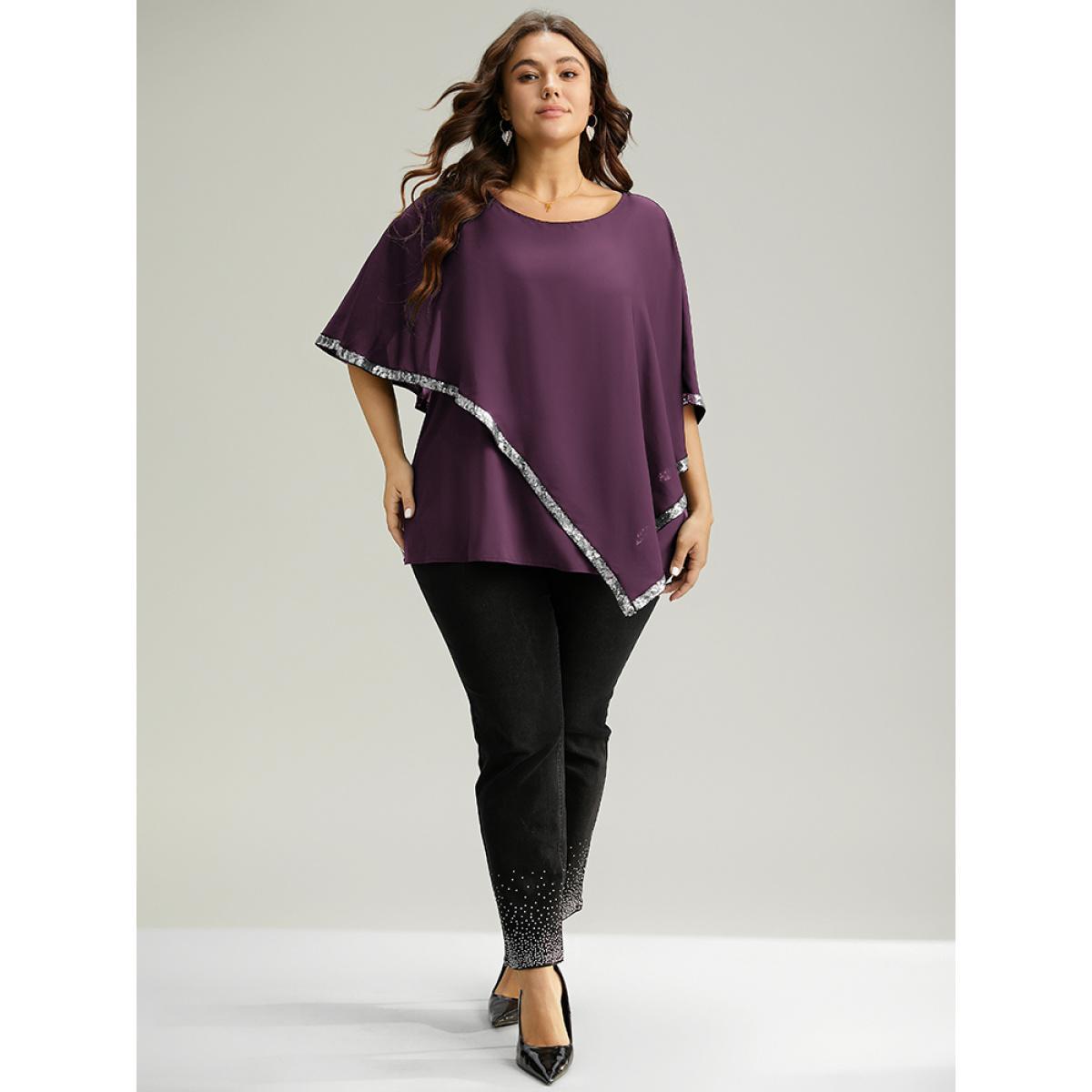 Plus Size Purple Sequin Patchwork Asymmetrical Dolman Sleeve Blouse Women Glamour Half Sleeve Round Neck Festival-Christmas Blouses BloomChic 10/M Product Image