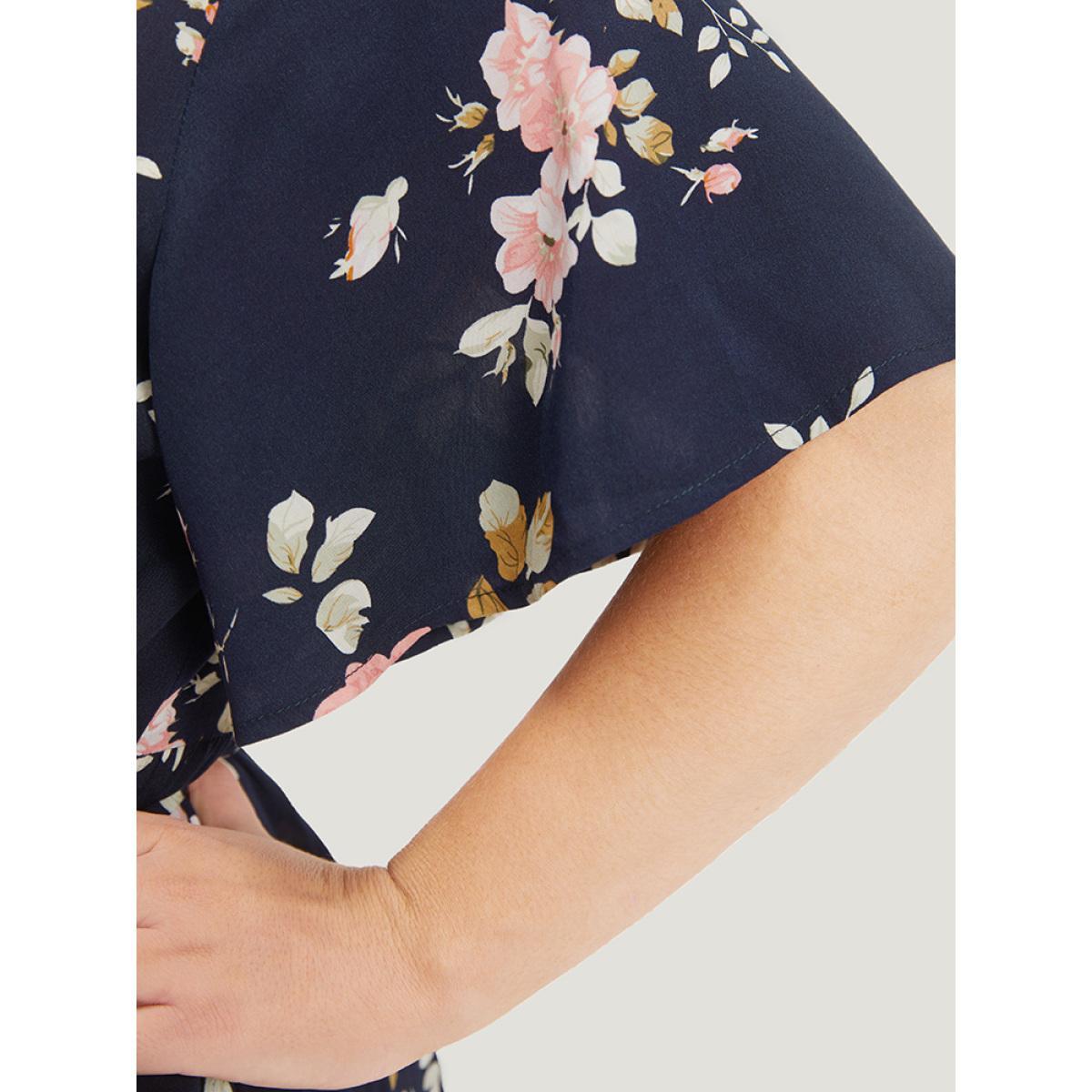 Plus Size Floral Print Pocket Knot Ruffle Sleeve Wrap Dress DarkBlue Women Elegant Wrap V-neck Half Sleeve Curvy Knee Dress BloomChic 28/5X Product Image