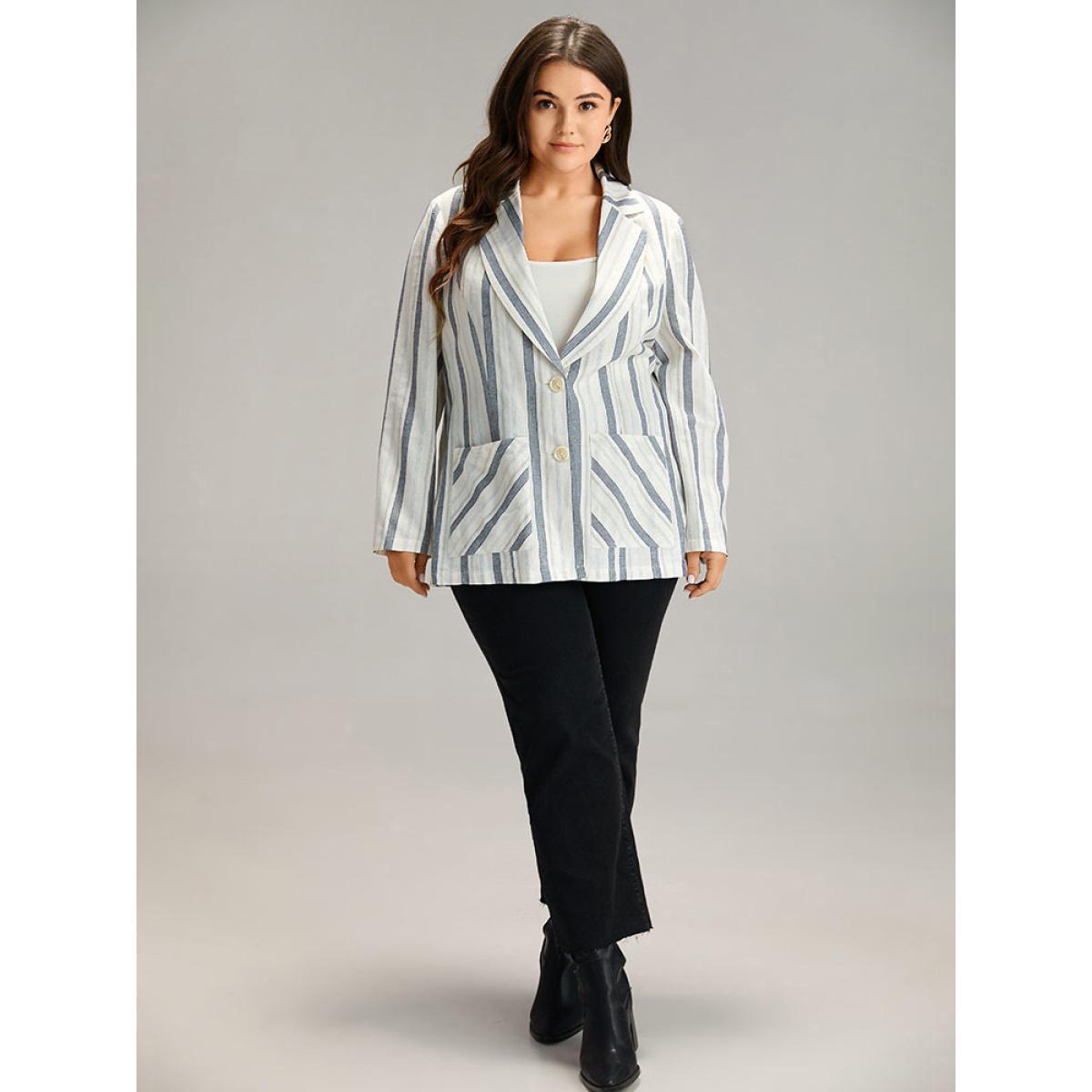 Plus Size Striped Suit Collar Pocket Blazer Blue Women Dailywear Striped Contrast Sleeve Long Sleeve Suit Collar 10/M Pocket Casual Blazers BloomChic Product Image