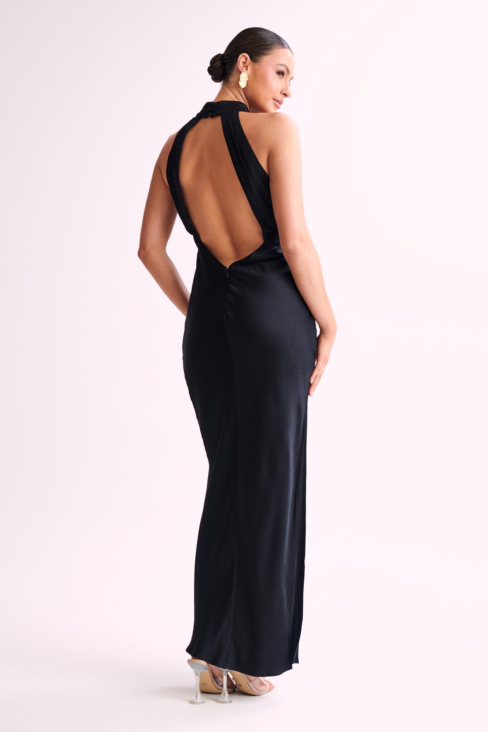 Claire Satin Drape Back Maxi Dress with Split - Black Product Image