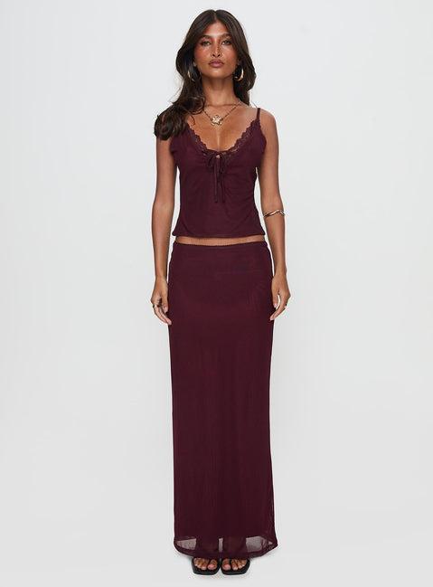 Reiko Lace Trim Tie Front Maxi Set Burgundy Product Image