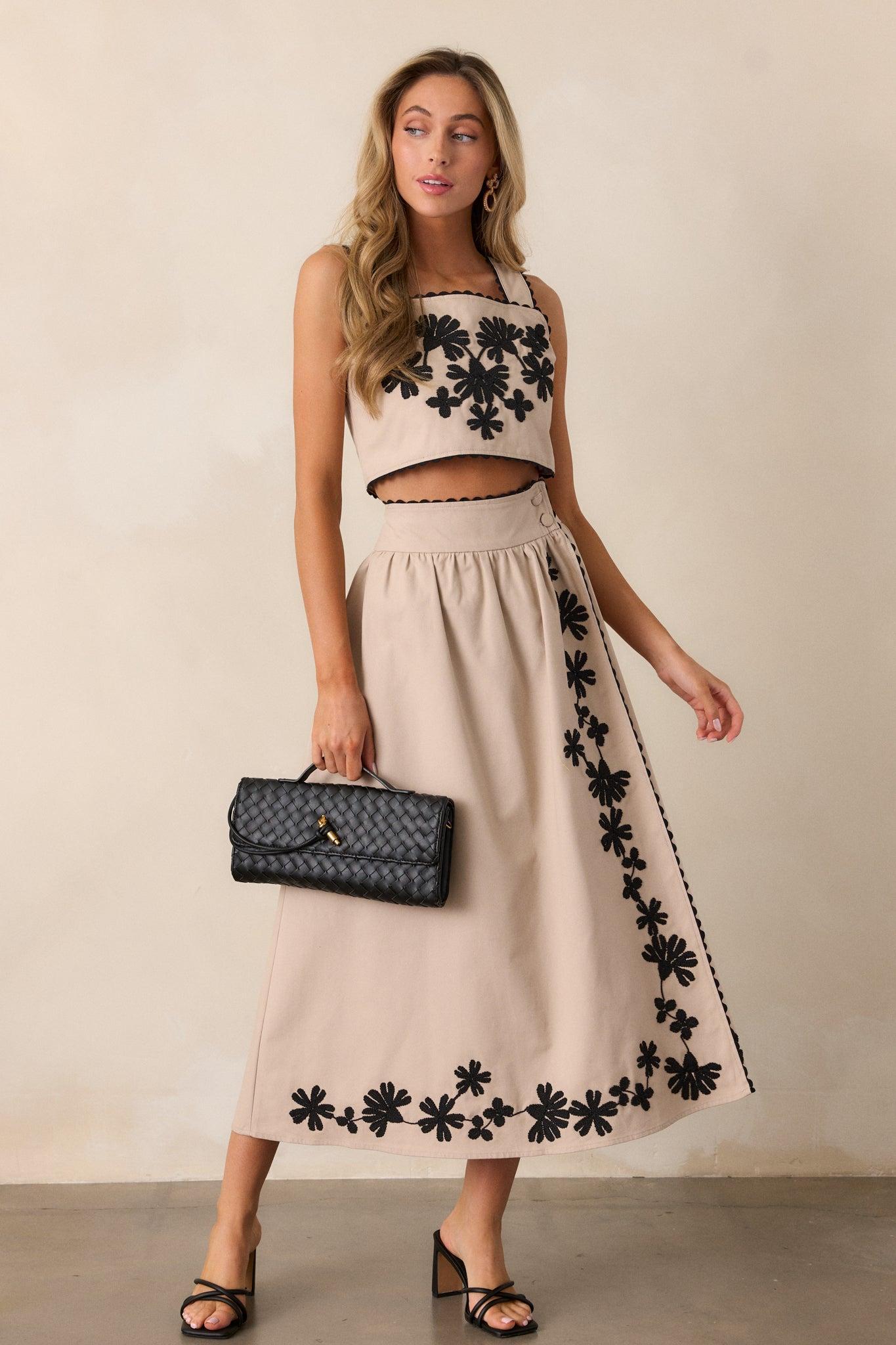 Take Me There Taupe Embroidered Floral Cropped Top Product Image