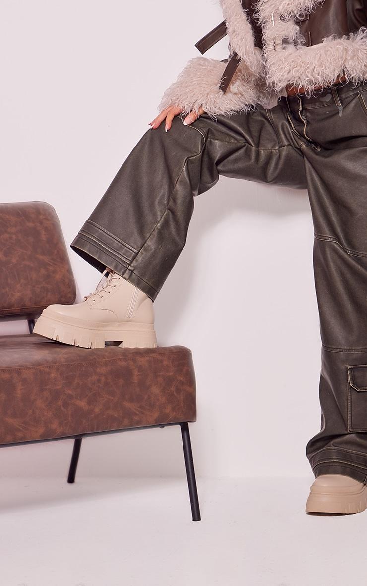 Ecru Wide Fit Pu Chunky Platform Lace Up Ankle Boots Product Image