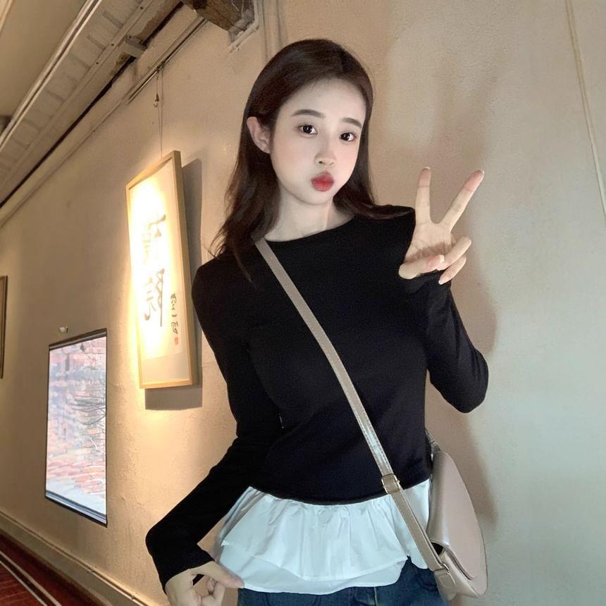 Long-Sleeve Crew Neck Two Tone Peplum Slim Fit Tee Product Image