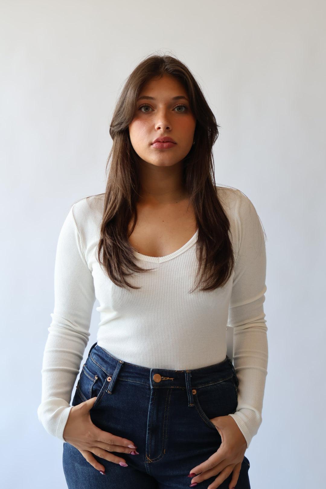 Marlowe Ribbed V Neck Fitted Top Product Image
