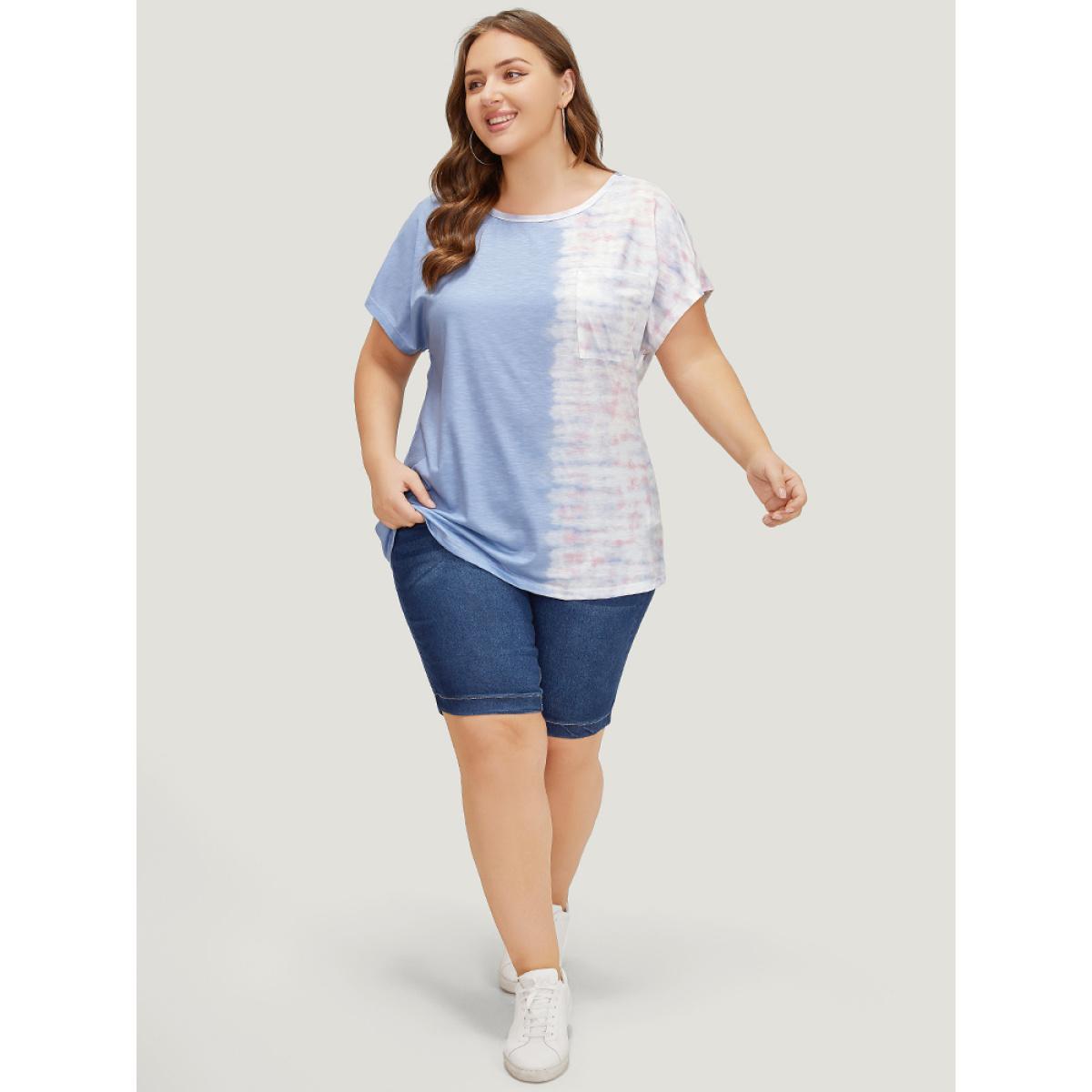 Plus Size Tie Dye Batwing Sleeve Cut Out Two Tone T-shirt Multicolor Women Casual Contrast Colorblock Round Neck Dailywear T-shirts BloomChic 10/M Product Image