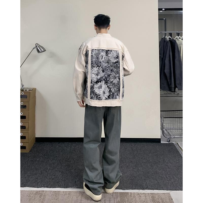 Printed Paneled Button-Up Denim Jacket Product Image