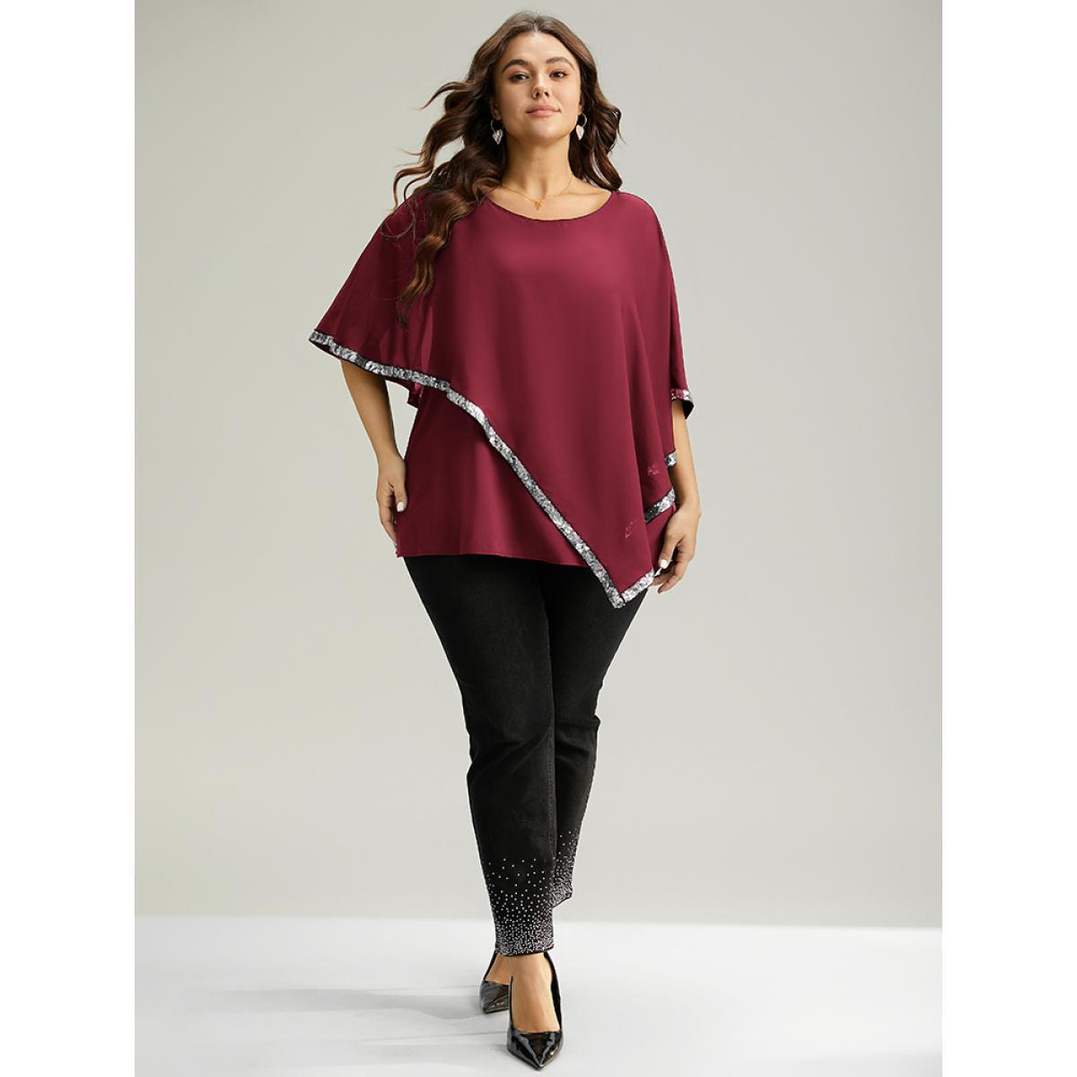 Plus Size Scarlet Sequin Patchwork Asymmetrical Dolman Sleeve Blouse Women Glamour Half Sleeve Round Neck Festival-Christmas Blouses BloomChic 18-20/2X Product Image