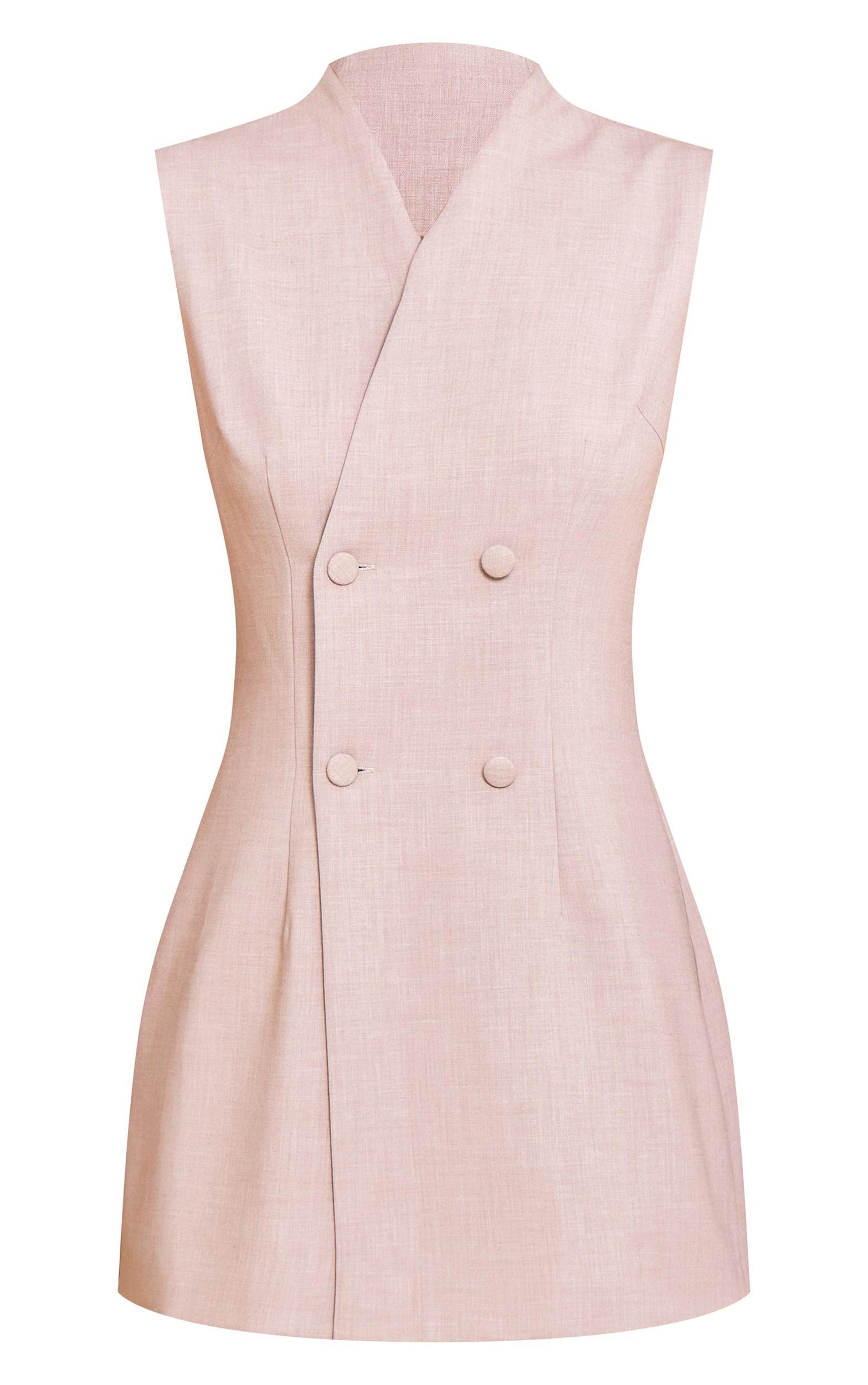  Sand Woven Collarless Button Mini Dress Product Image