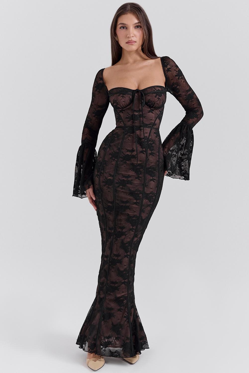 Delilah Black Long Sleeve Lace Maxi Dress Product Image