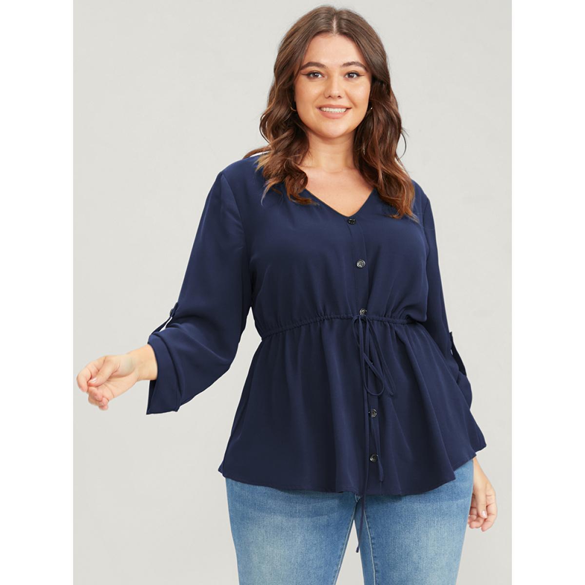 Plus Size Navy Solid Roll Sleeve Button Down Drawstring Blouse Women Office Long Sleeve V-neck Work Blouses BloomChic 14-16/1X Product Image