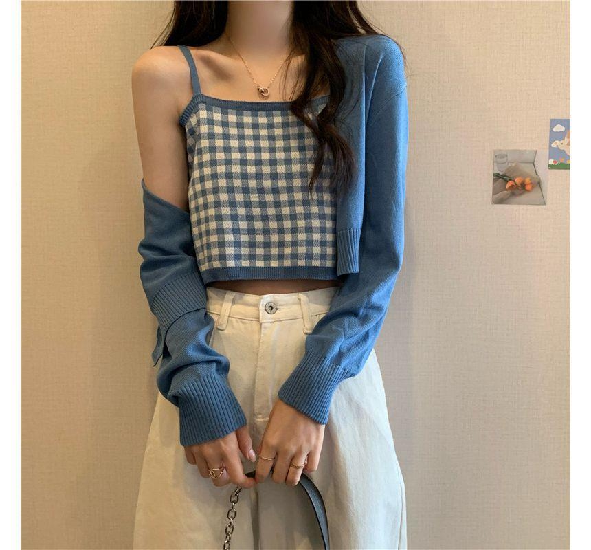 Long-Sleeve Plain Cardigan / Plaid Camisole Top Product Image