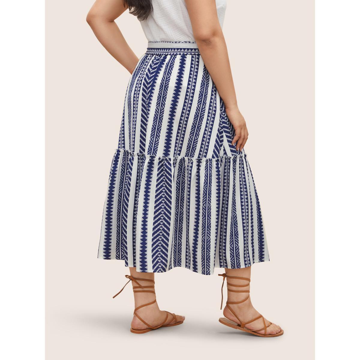 Plus Size Bandana Geometric Belted Patchwork Ruffle Hem Skirt Women Indigo Resort Non No stretch Slanted pocket Belt Vacation Skirts BloomChic 10/M Product Image