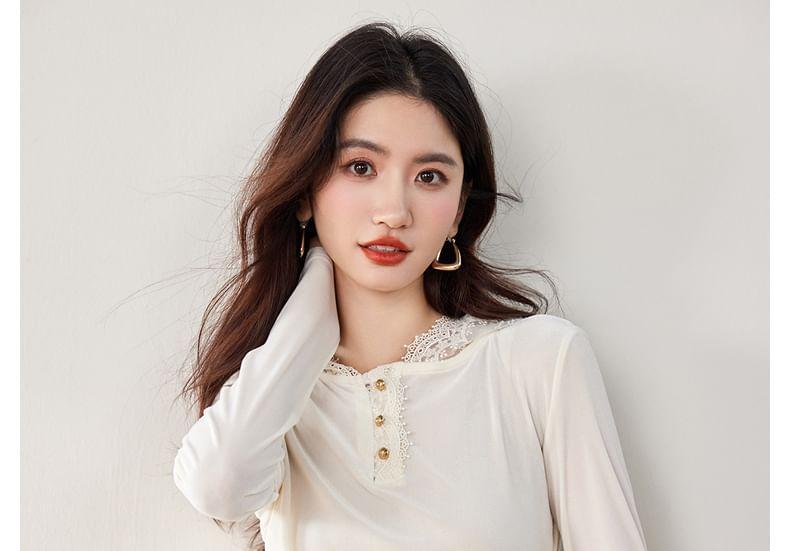 Long-Sleeve Henley Plain Lace Trim Hooded Slim Fit T-Shirt Product Image