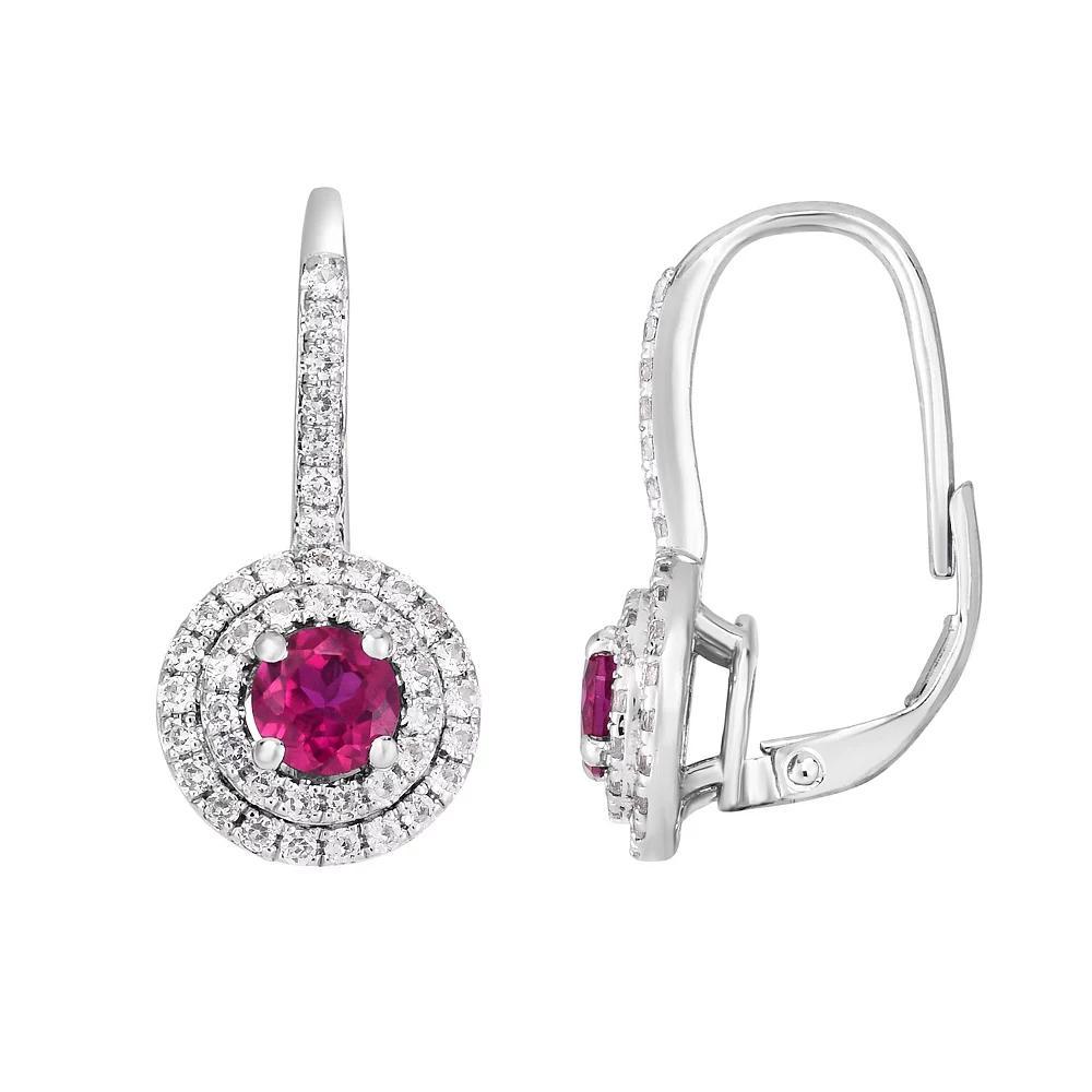 Sterling Silver Lab-Created Ruby & Lab-Created White Sapphire Halo Drop Earrings, Women's Product Image