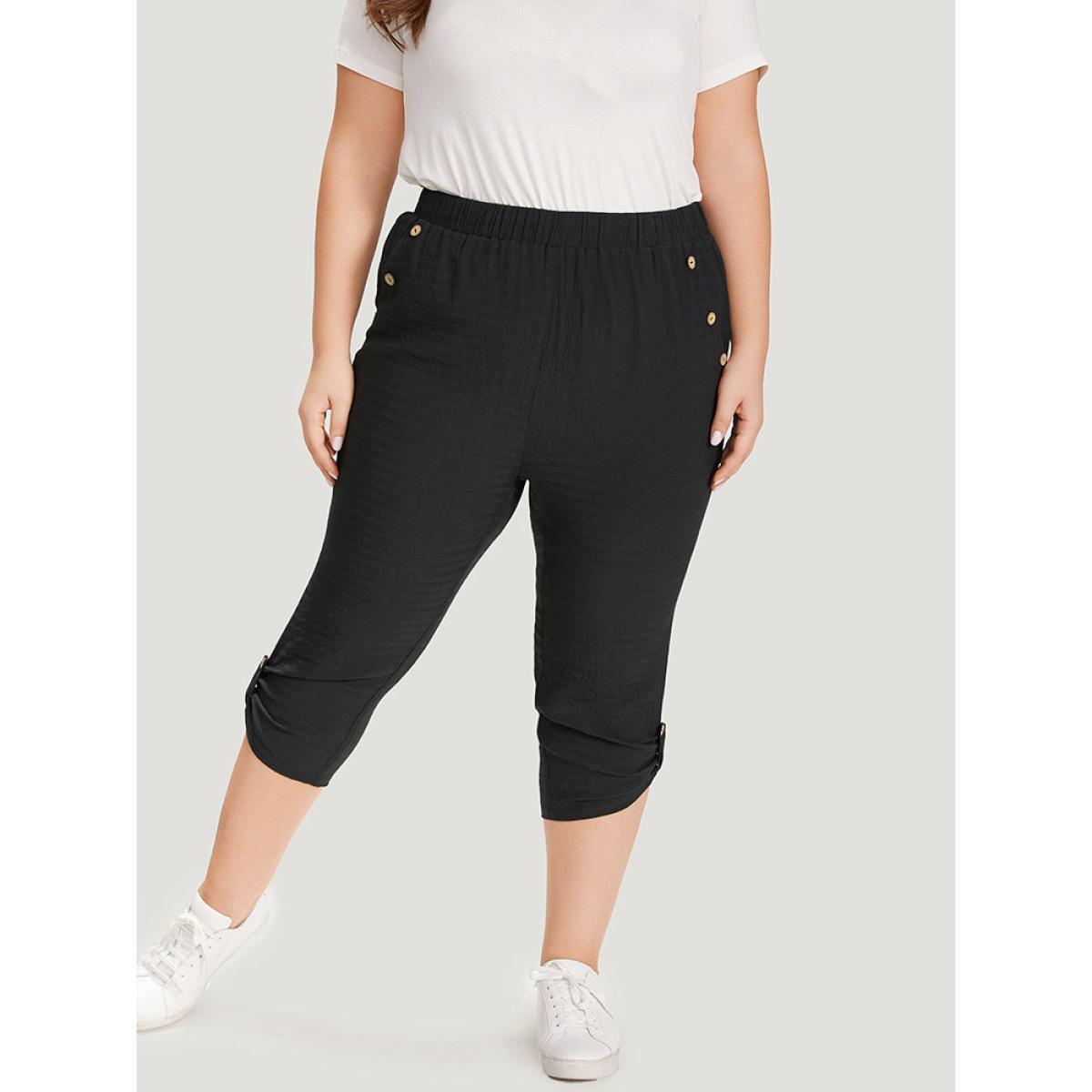 Plus Size Solid Pocket Button Detail High Rise Pants Women Black Casual High Rise Dailywear Pants BloomChic 10/M Product Image