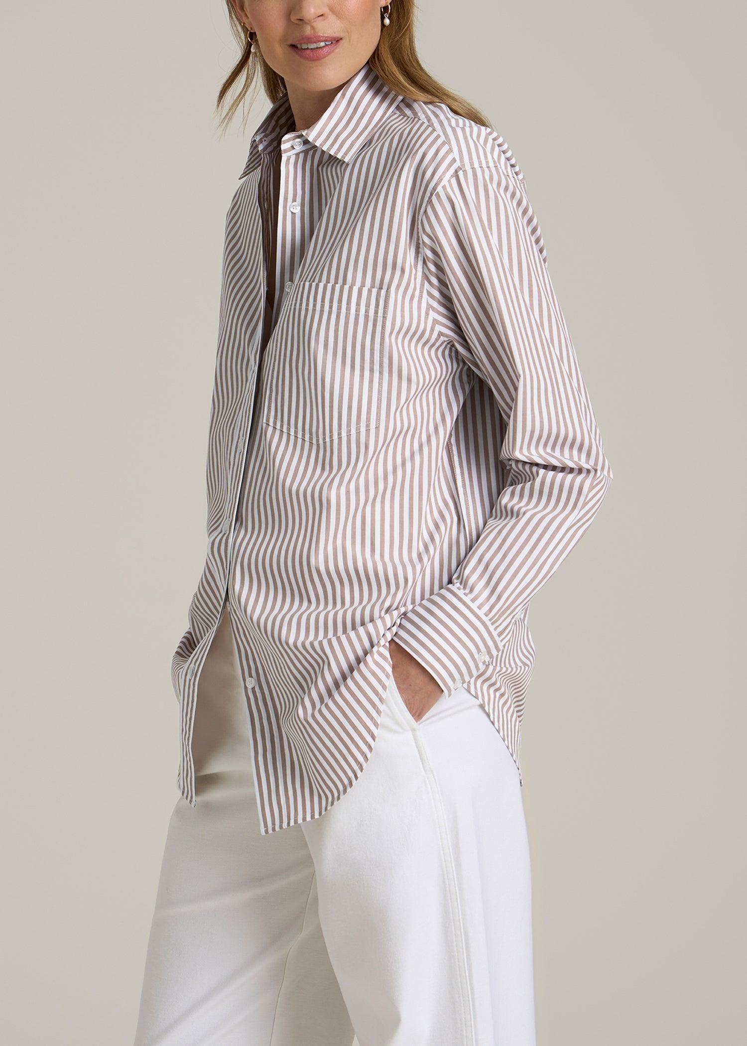 Relaxed Poplin Button-Up Shirt for Tall Women in Brown and White Stripe Product Image
