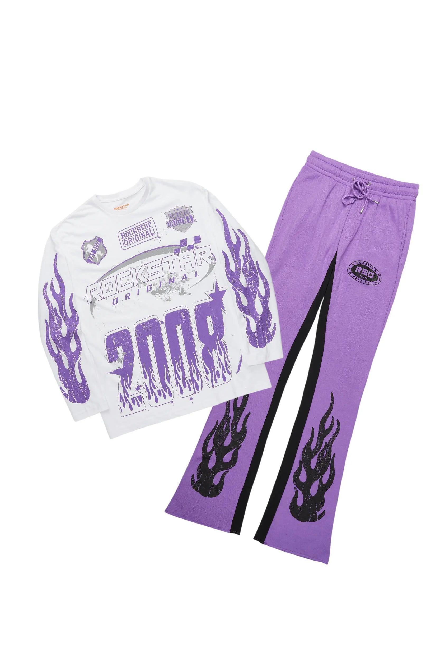 Amos Purple/White Long Sleeve T-Shirt/Stacked Baggy Pant Set Male Product Image