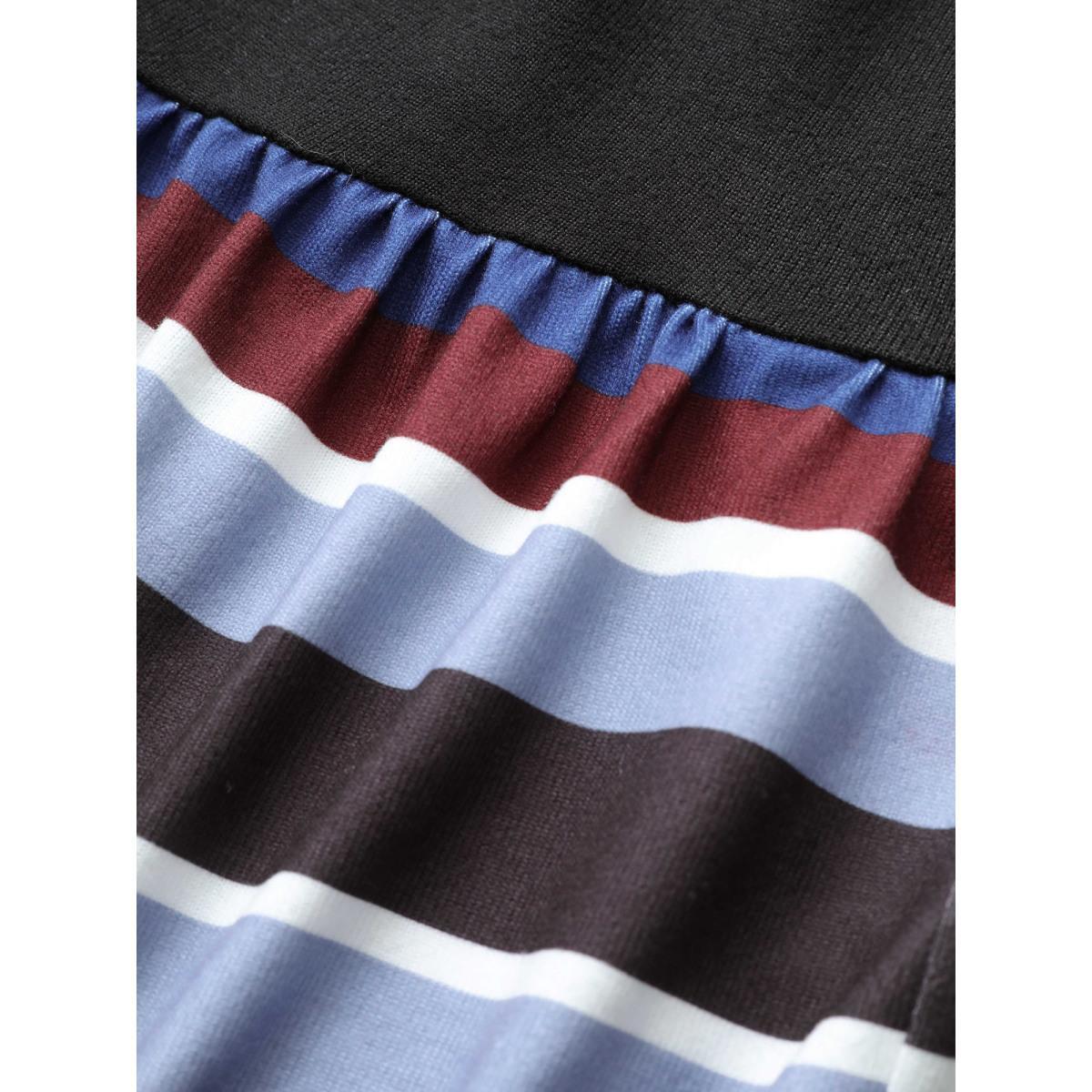 Plus Size Contrast Striped Flutter Hem Hooded Drawstring Dress Black Women Casual Gathered Hooded Long Sleeve Curvy Midi Dress BloomChic 12/L Product Image